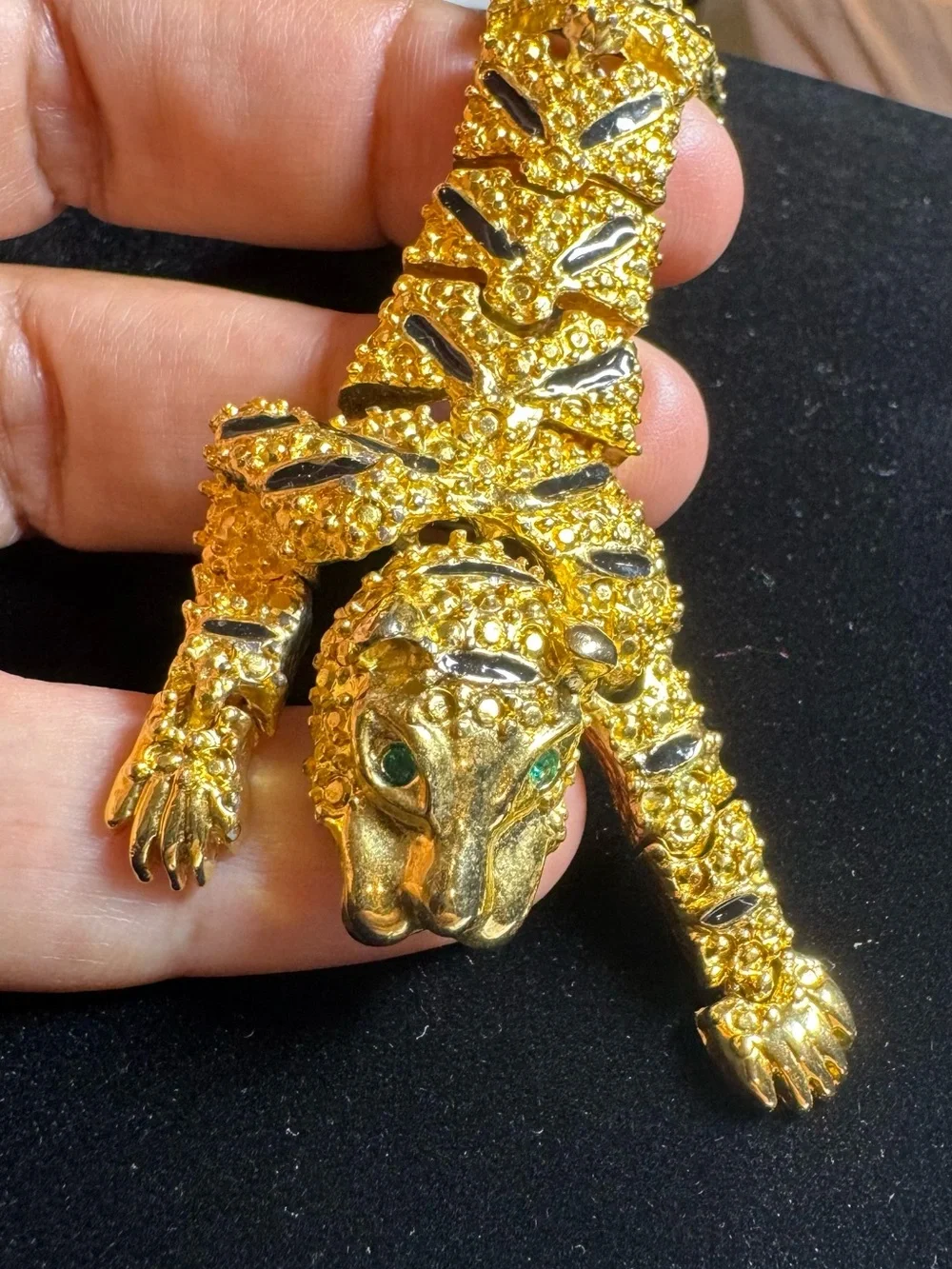 Vintage Tiger Shoulder Brooch with Emerald Eyes